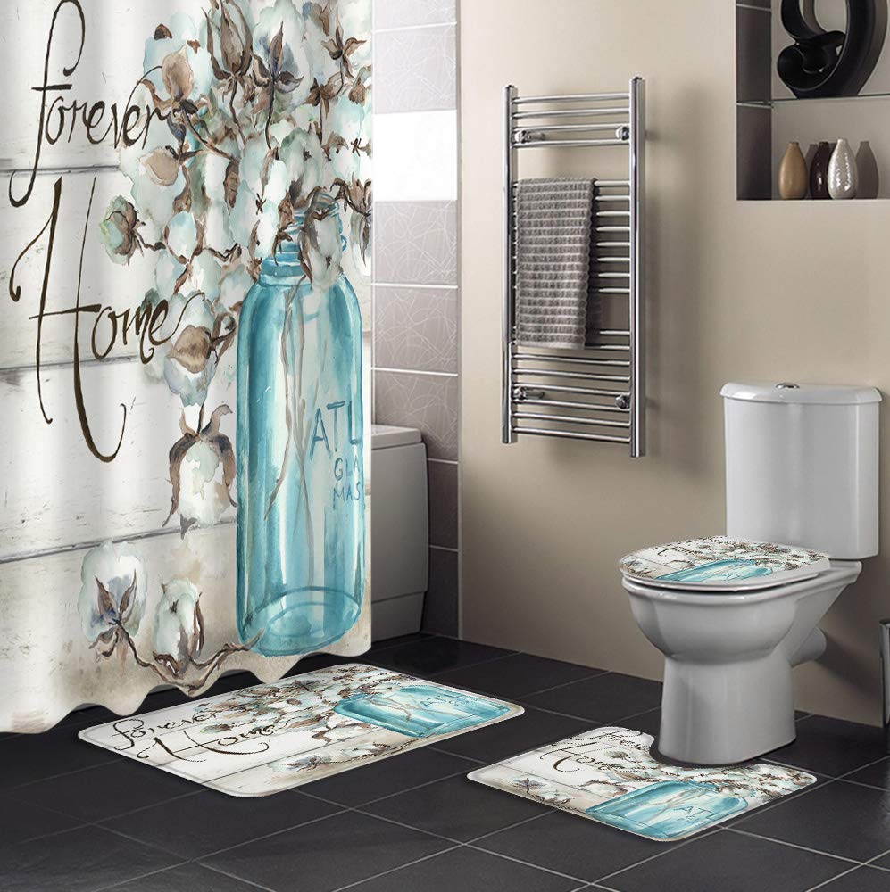 4pc Wooden Plank Bathroom Accessory Set  Non- Bath Mat, Contour Mat, Tet Lid Cover and Waterproof Shower Curtain with 12 Hooks Forever Home Mason Jar Floral