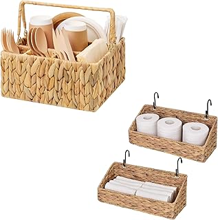 Wicker Silverware Organizer and Woven Wall Baskets Set