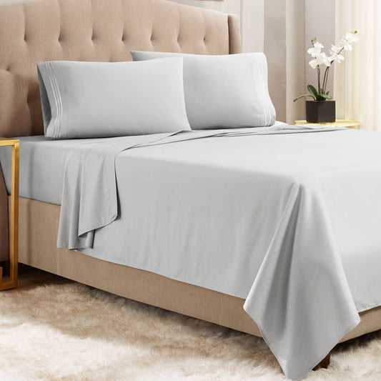 Empyrean King Size Sheets  4 PC Super Soft King Sheets  Double Brushed Microfiber Sheets for King Size Bed  Hotel Silver Light Gray King Bed Sheets Set, with 4 Corner Elastic Straps