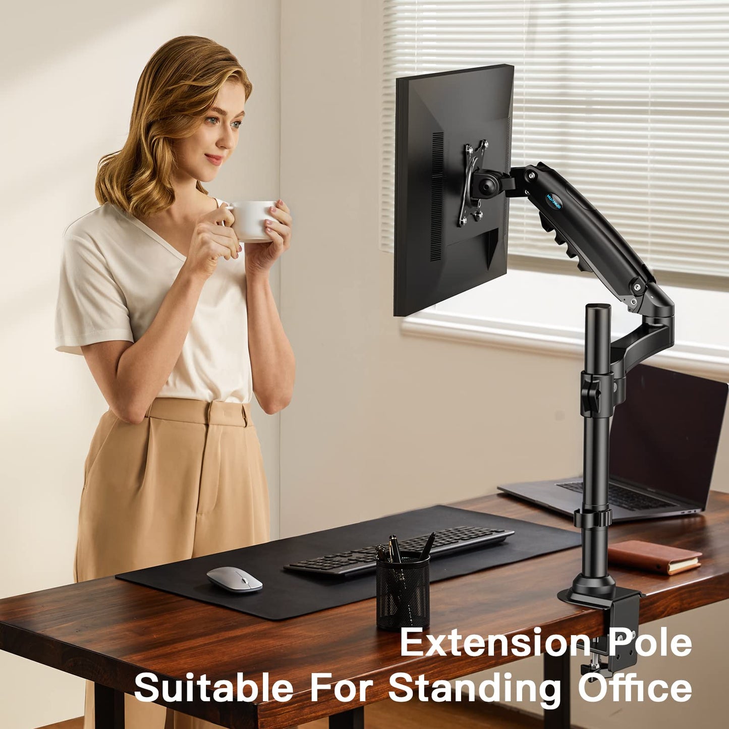 Single Monitor Mount - Gas Spring Monitor Arm Fits 13-32'' Monitor, Full Motion Swivel, Single Monitor Stand, Ultra Height Adjustable for Stand Work, Monitor Desk Stand with VESA, Max 19.8lbs