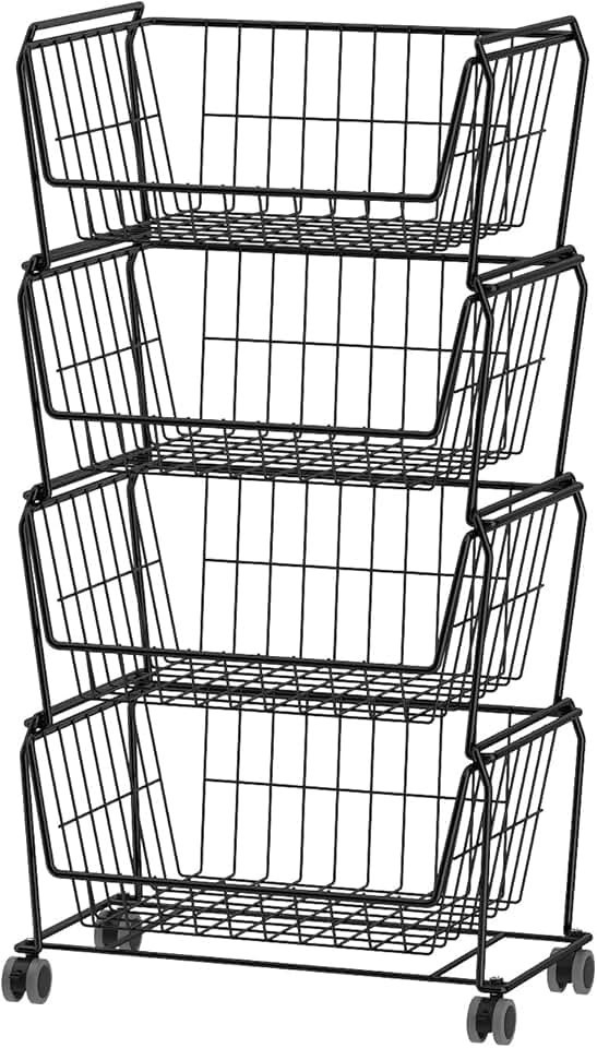 Stackable Metal Storage Cart with Wheels, 4 Tiers