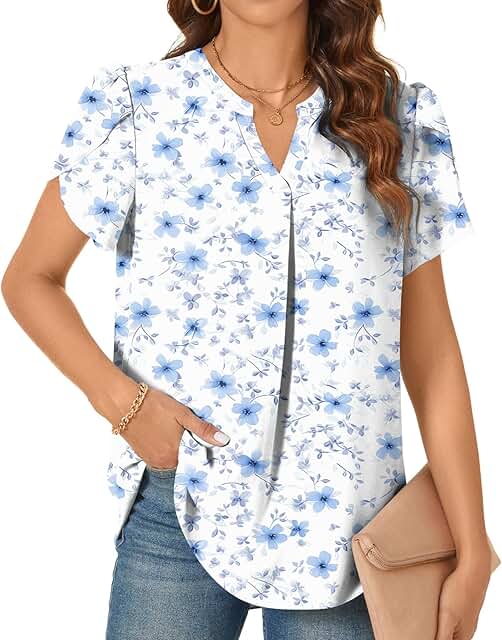 Women's Chiffon Short Sleeve V-Neck Tunic Top
