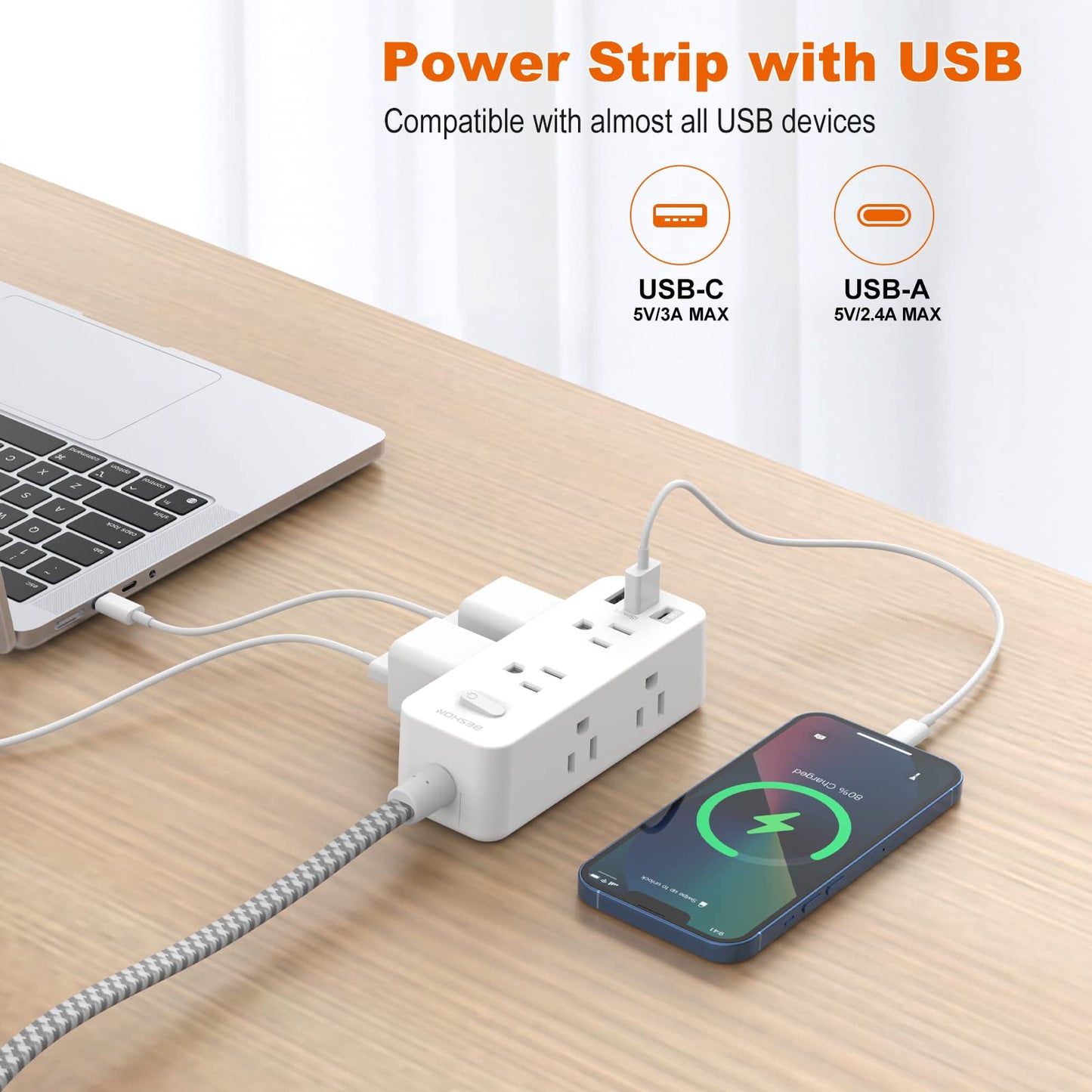 Power Strip, 5Ft Extension Cord, 6 Outlets with 3 USB Ports(1 USB C Outlet), 3-Side Outlet Extender, Surge Protector, Wall Mount, Compact for Travel, Home, School, College Dorm Room, and Office