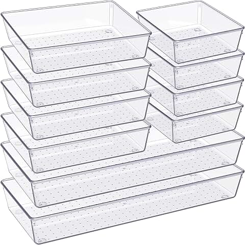 10 Pack Clear Drawer Organizer Trays for Bathroom, Bedroom, Kitchen
