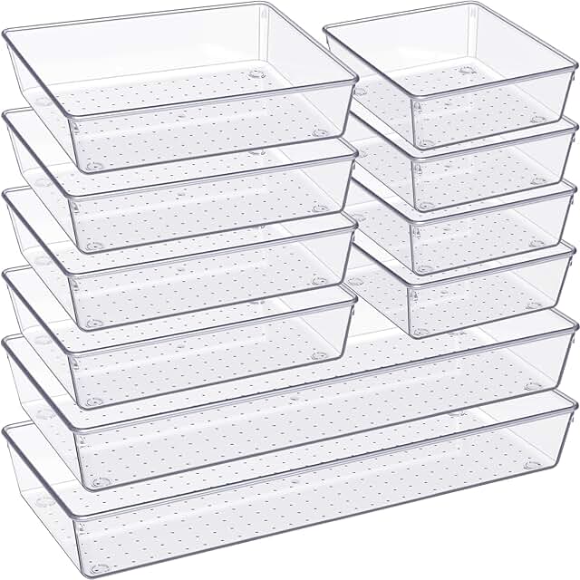 10 Pack Clear Drawer Organizer Trays for Bathroom, Bedroom, Kitchen