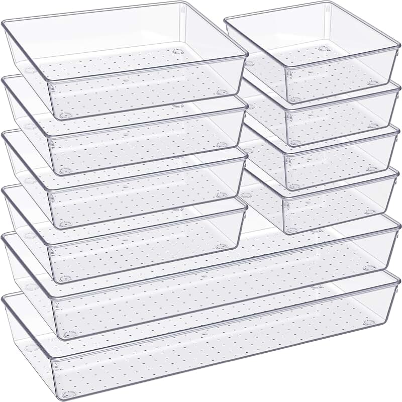 10 Pack Clear Drawer Organizer Trays for Bathroom, Bedroom, Kitchen