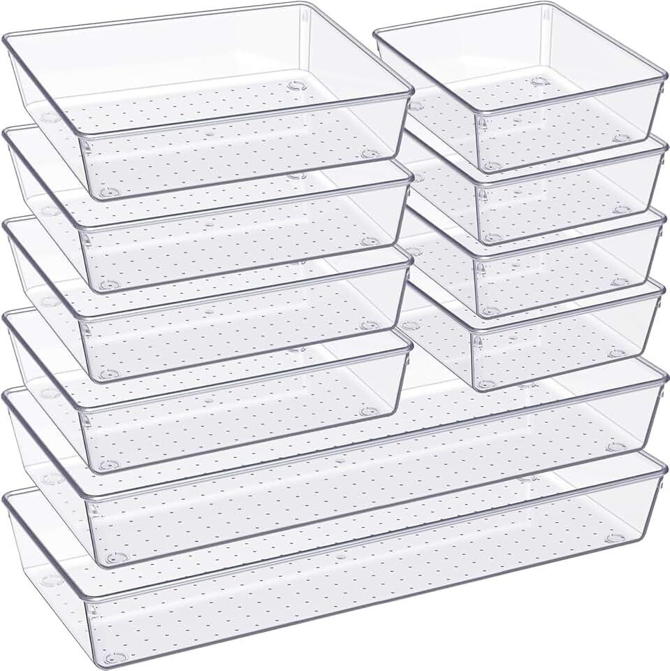 10 Pack Clear Drawer Organizer Trays for Bathroom, Bedroom, Kitchen