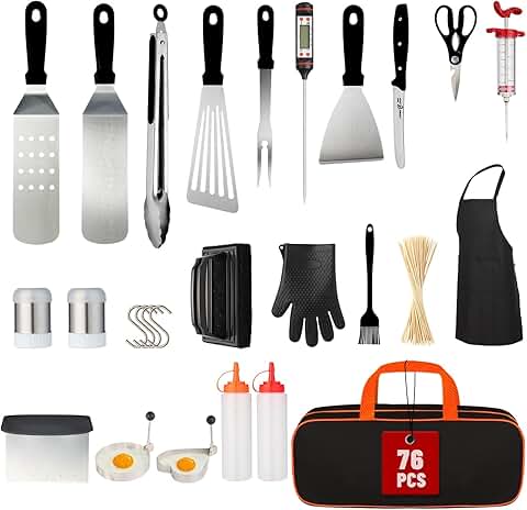 76-Piece Flat Top Grill Tools Set with Spatulas, Scraper, Thermometer, and Storage Bag