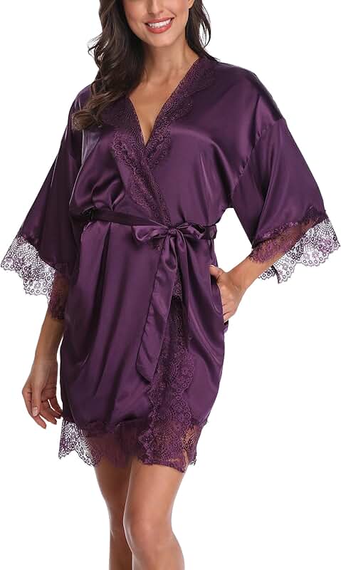 Women's Satin Lace Trim Short Robe for Wedding
