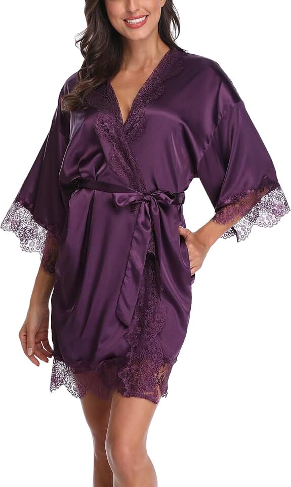 Women's Satin Lace Trim Short Robe for Wedding
