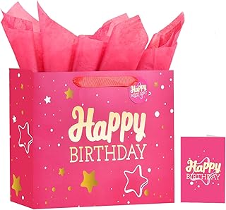 Pink 13-inch Happy Birthday Gift Bag with Tissue and Card