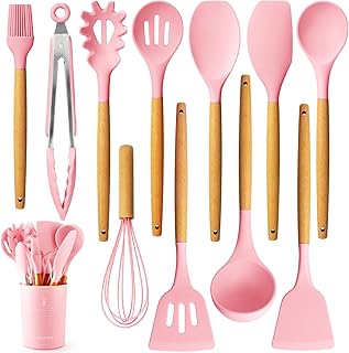 11-Piece Silicone Kitchen Utensil Set with Wooden Handles