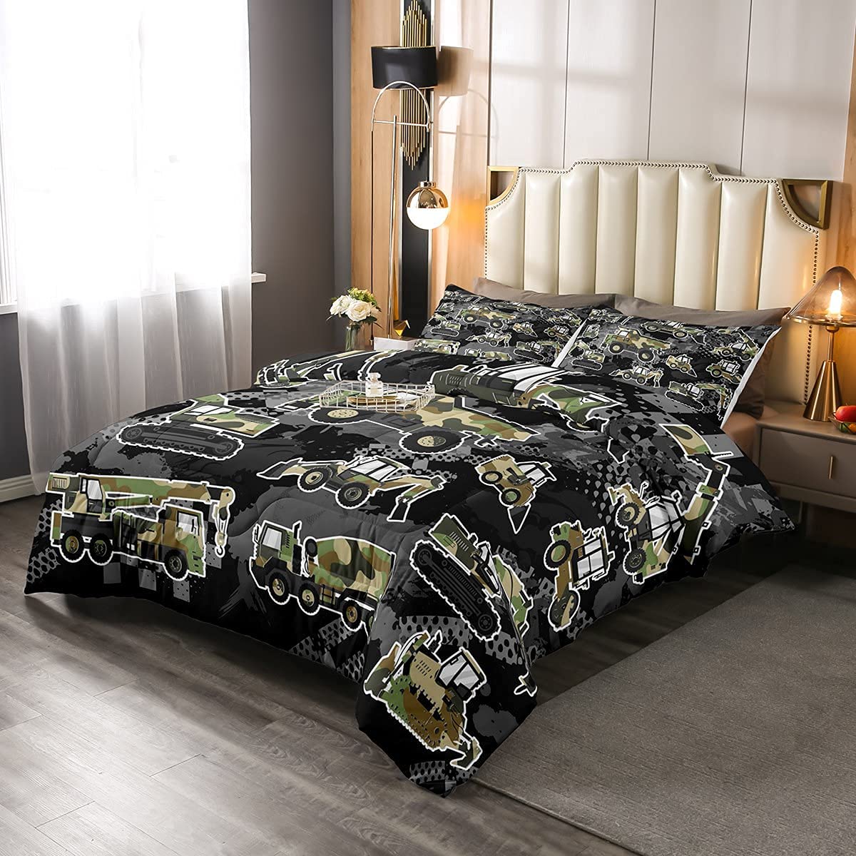 Boys Camouflage Cartoon Car Toddler Bedding Set Queen Size Kids Camo Construction Vehicles Comforter for Teens Children Cute Truck Comforter Set Construction Site Cars Quilt Set 3Pcs Room Decor