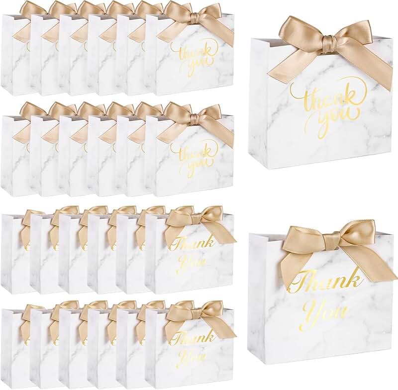 24 White Mini Gift Bags with Bows for Parties