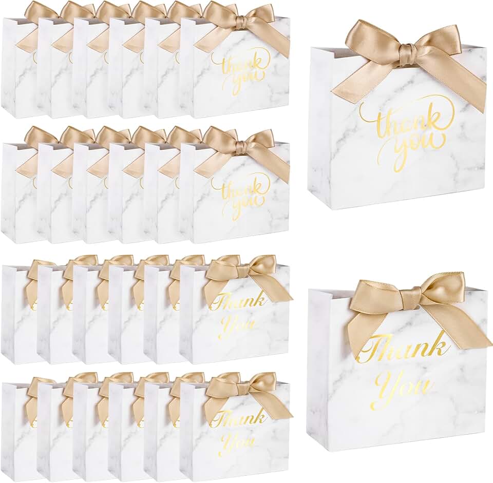 24 White Mini Gift Bags with Bows for Parties