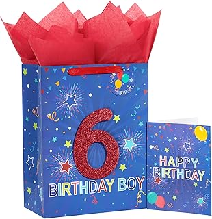Blue birthday gift bag with tissue paper and tag