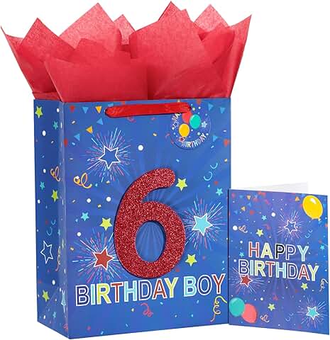 Blue birthday gift bag with tissue paper and tag