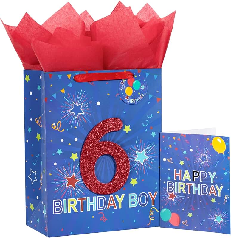 Blue birthday gift bag with tissue paper and tag