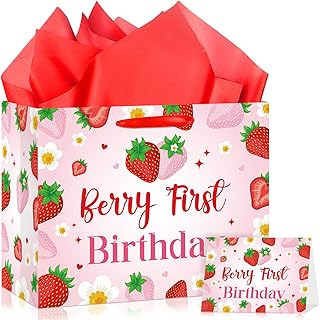 Pink Strawberry First Birthday Gift Bag for Baby Girl