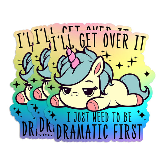 Set of three funny unicorn drama stickers, 3 inches