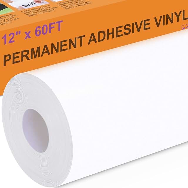 White permanent adhesive vinyl roll, 12" x 60ft, glossy