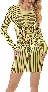 Women's Sheer Mesh Printed Slim Mini Dress with Long Sleeves