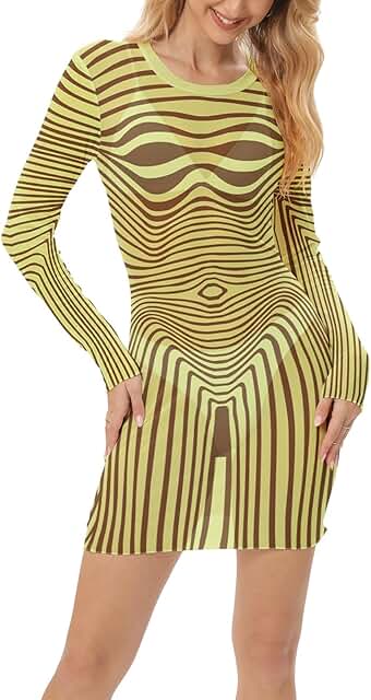 Women's Sheer Mesh Printed Slim Mini Dress with Long Sleeves