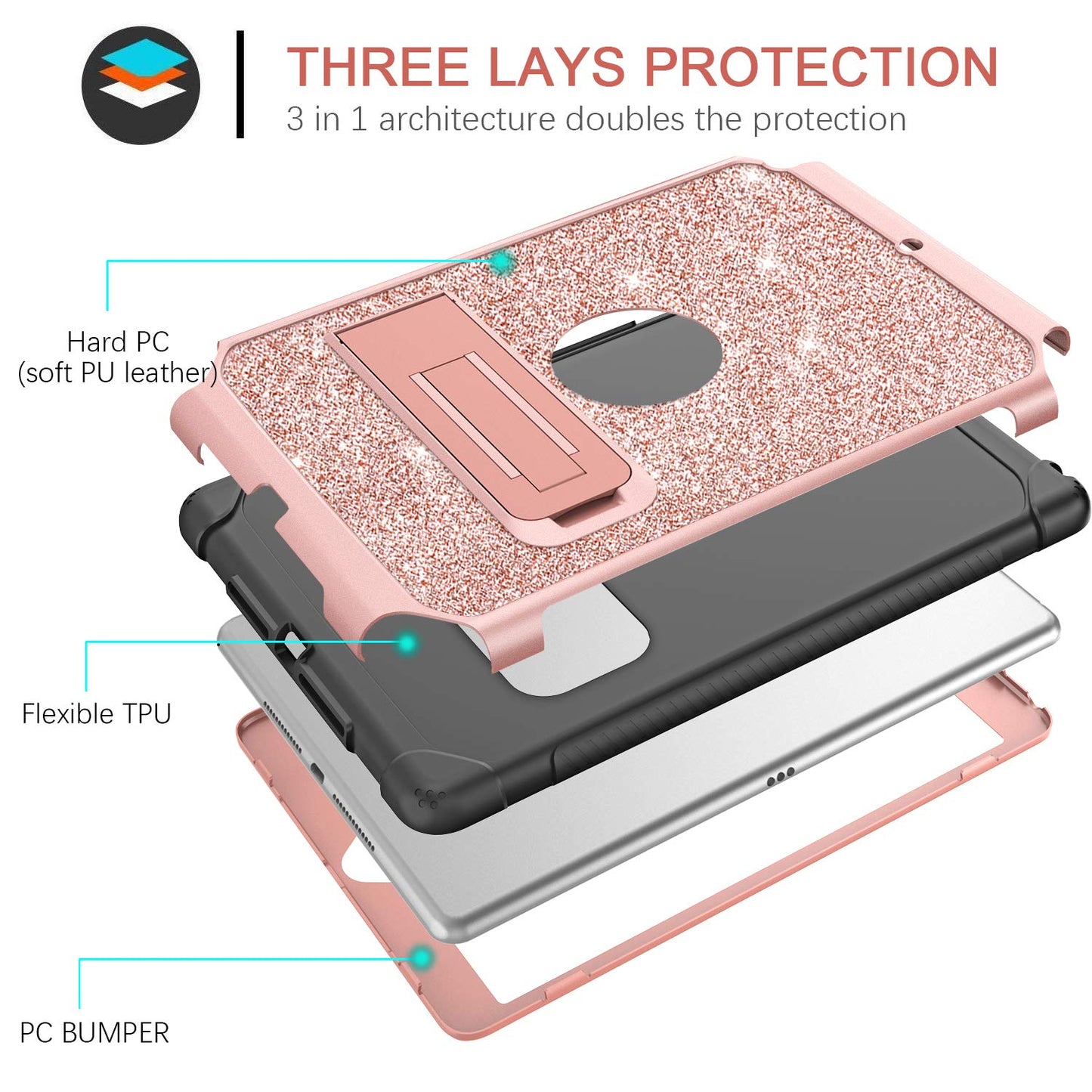 iPad 9th Generation Case, iPad 8th Generation Case, iPad 7th Generation Case, iPad 10.2 2021/2020/2019 Case, Glitter Sparkly 3 Layers Shockproof Kickstand Protective Tablet Cover, Rose Gold