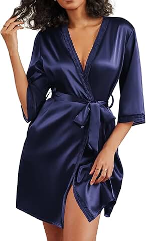 Women's Satin 3/4 Sleeve Short Kimono Robe with Pockets