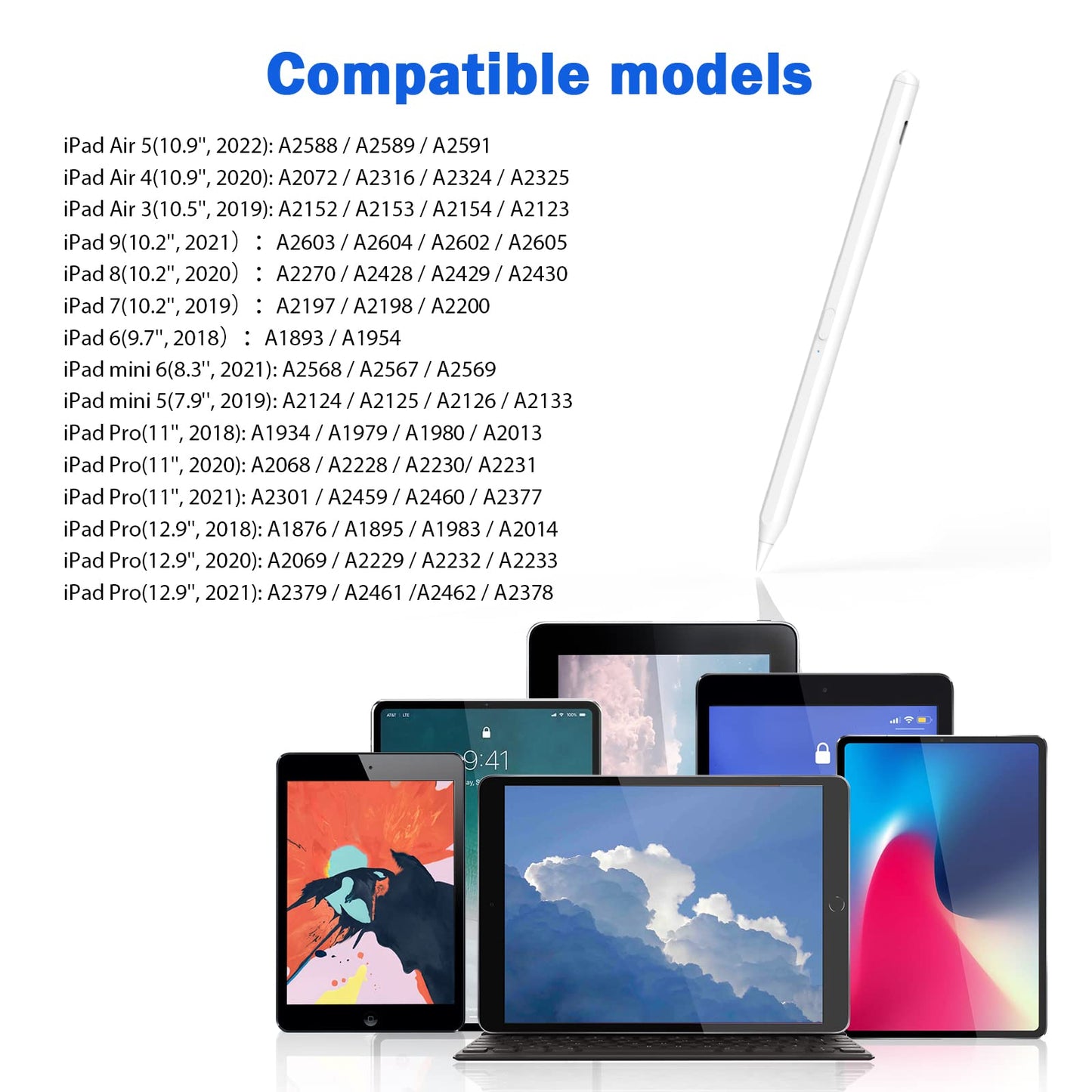 Pencil for iPad Air 4th Generation, Stylus Pen for iPad Air 5th Generation, Pencil with Palm Rejection Compatible with 2018-2022 Apple iPad 8th 7th 6th Generation iPad Air 5th 3rd Gen iPad Pro (White)