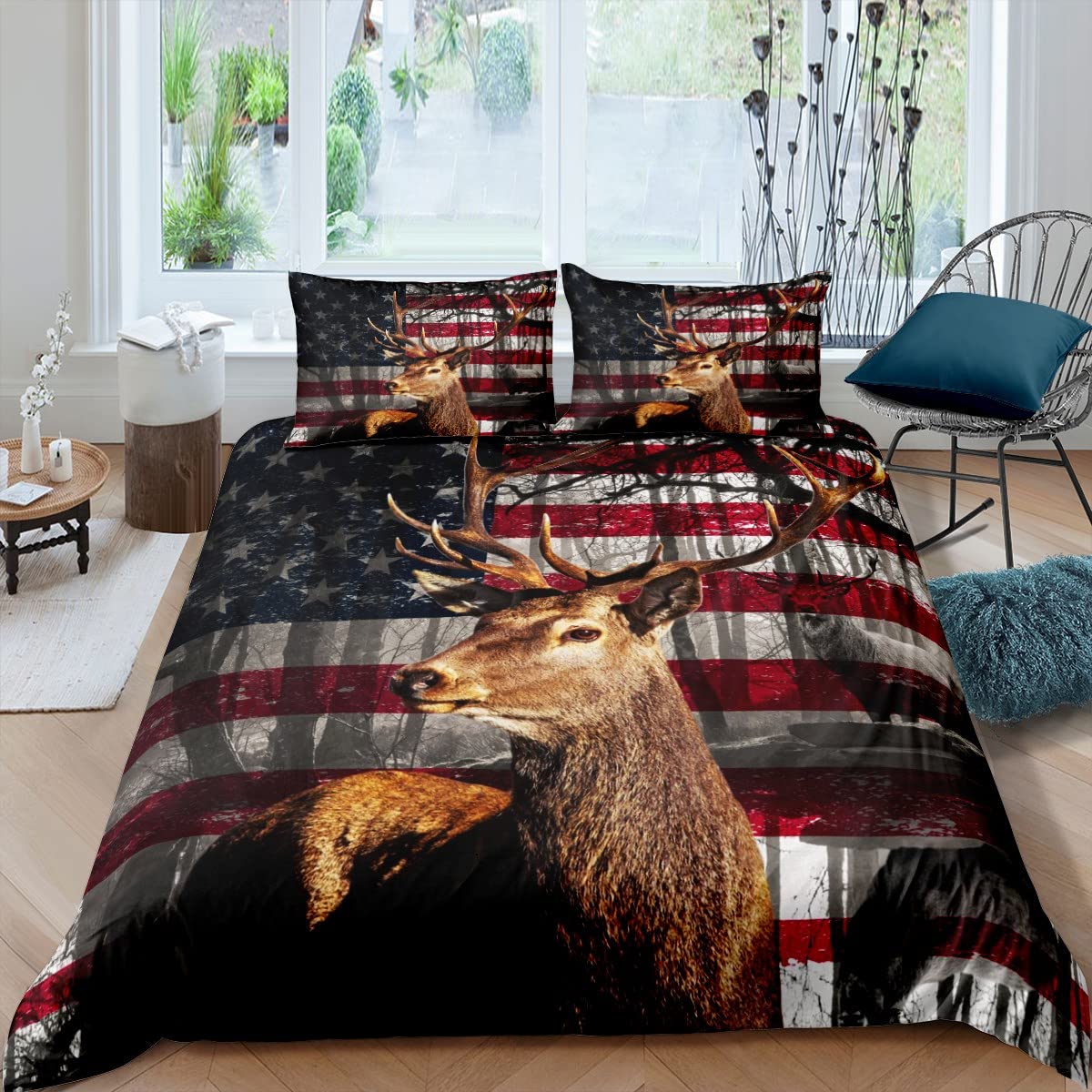 3D Deer Duvet Cover Set Queen Size Flag Bedding Set 3pcs for Kids Boys Teens Room Decor, Wildlife Animal Elk Print Comforter Cover Stars and Stripes Quilt Cover with 2 Pillowcases