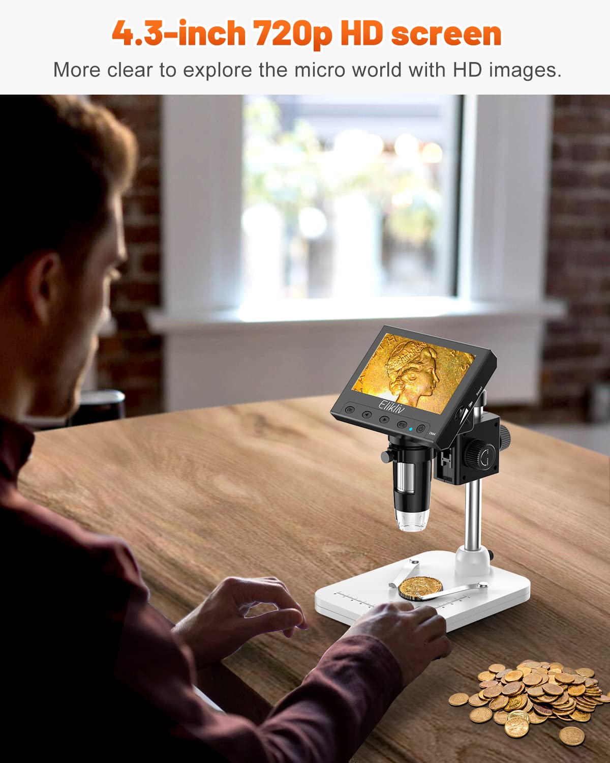 EDM4 4.3" Coin Microscope, LCD Digital Microscope 1000x, Coin Magnifier with 8 Adjustable LED Lights, PC View, Windows Compatible