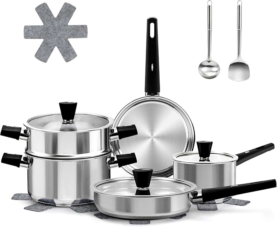 14-Piece Stainless Steel Cookware Set with Steamer and Utensils