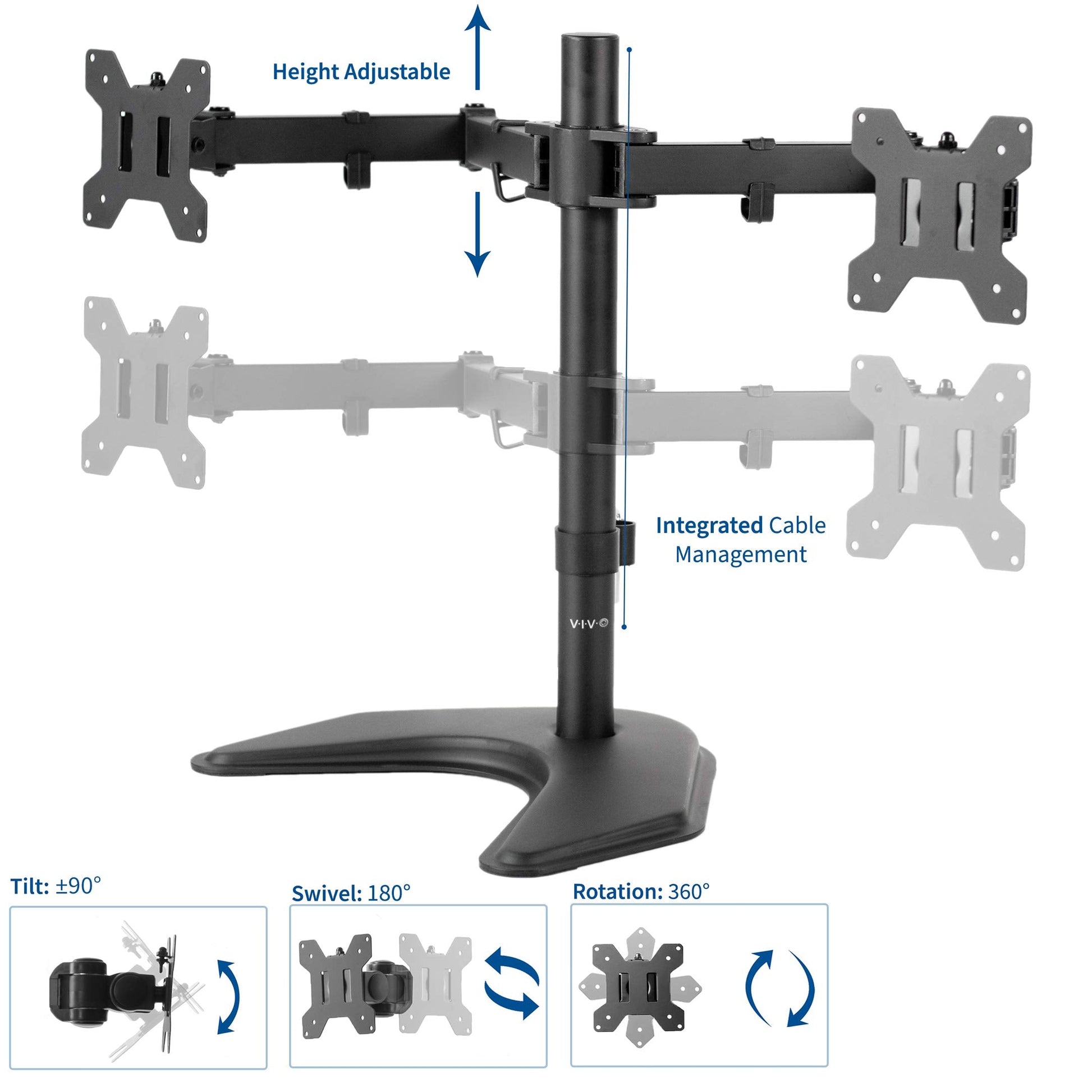 Dual 13 to 27 inch LED LCD Monitor Free-Standing Desk Stand, Holds 2 Screens, Heavy-Duty Fully Adjustable Arms with Max VESA 100x100mm, 18 Pole, Black, STAND-V002F