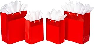 Red gift bags with tissue paper, four-pack