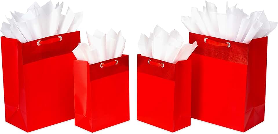 Red gift bags with tissue paper, four-pack