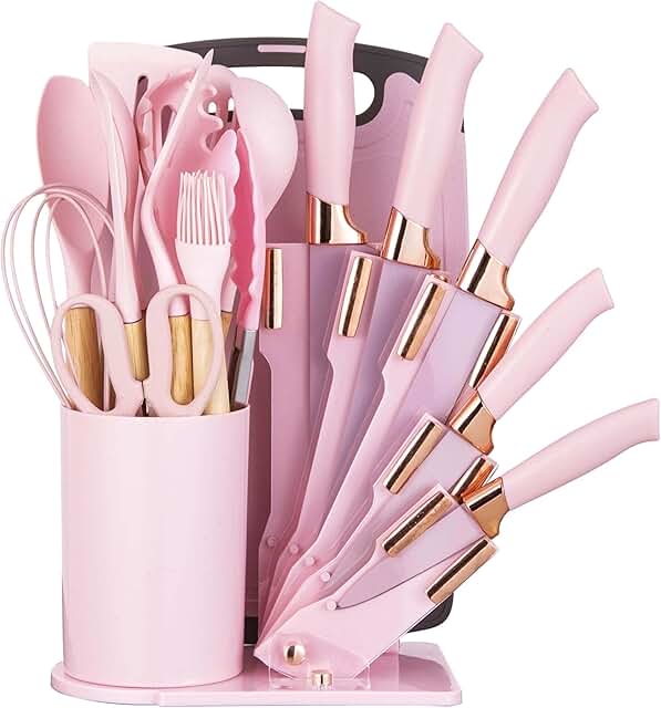 19-Piece Pink Kitchen Utensil and Knife Set