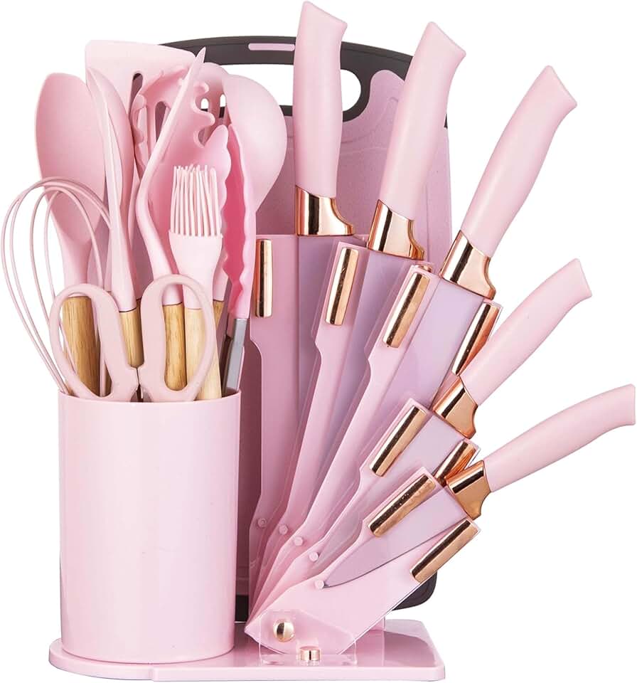 19-Piece Pink Kitchen Utensil and Knife Set