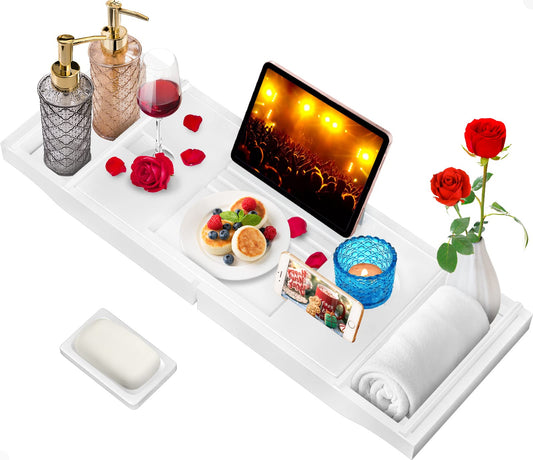 Bamboo Bathtub Caddy Tray with Book and Wine Holder,Bath Accessories  Bed Tray with Extending Sides,Bathroom Organizer for Men/Women,Free Soap Holder,White