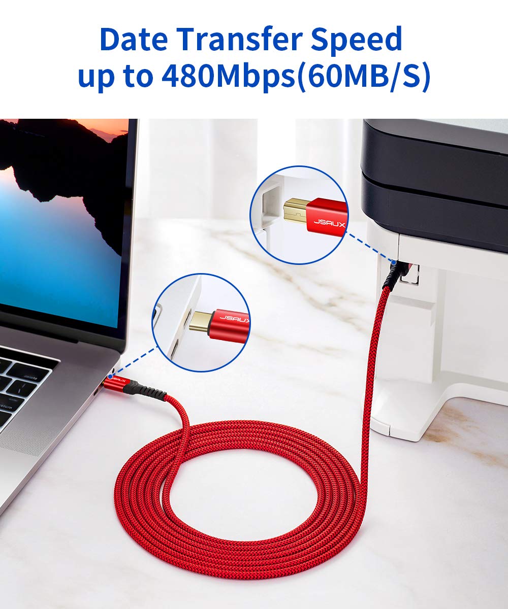 USB B to USB C Printer Cable 10ft, USB C to USB B Printer Cable Nylon Braided, USB C MIDI Cable Compatible for MacBook Pro, HP, Epson, Canon, Brother, Lexmark, Xerox Printers and Scanner-Red