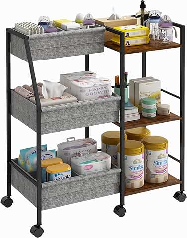 Three-tier rolling diaper caddy with shelves and dividers