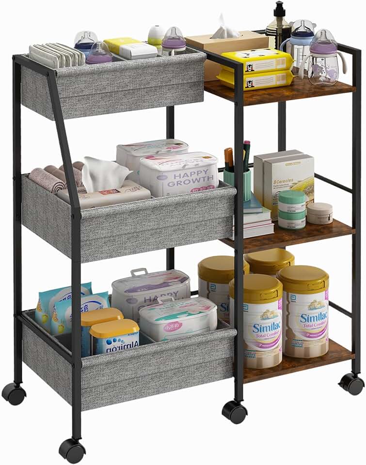 Three-tier rolling diaper caddy with shelves and dividers