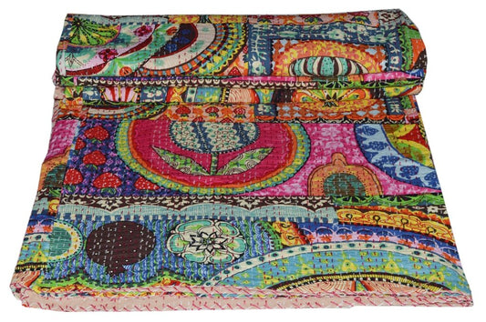 Handmade Cotton Kantha Quilt Throw Blanket Bedspread Gudari Twin Multi)