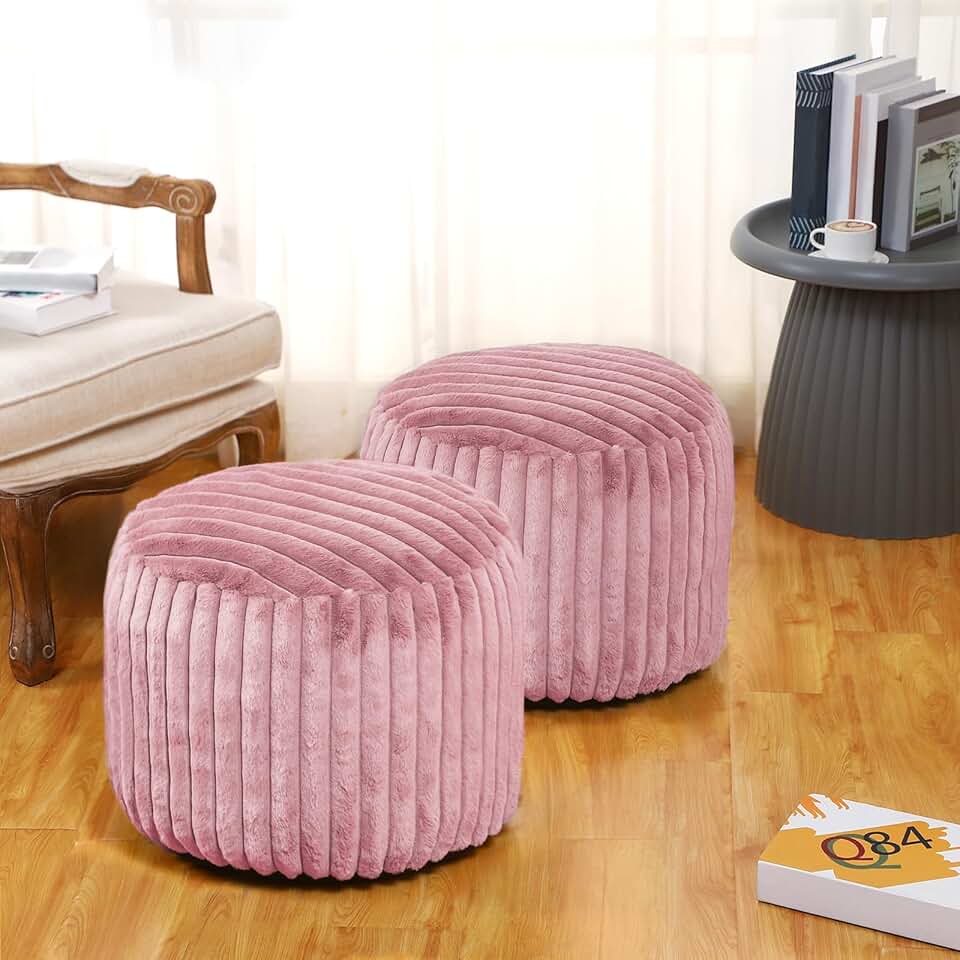 Two 20x15 Inch Faux Rabbit Fur Pouf Covers, Pink