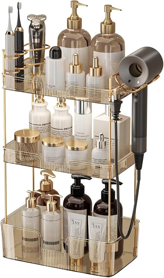 3-Tier Bathroom Counter Organizer with Hair Dryer and Toothbrush Holders