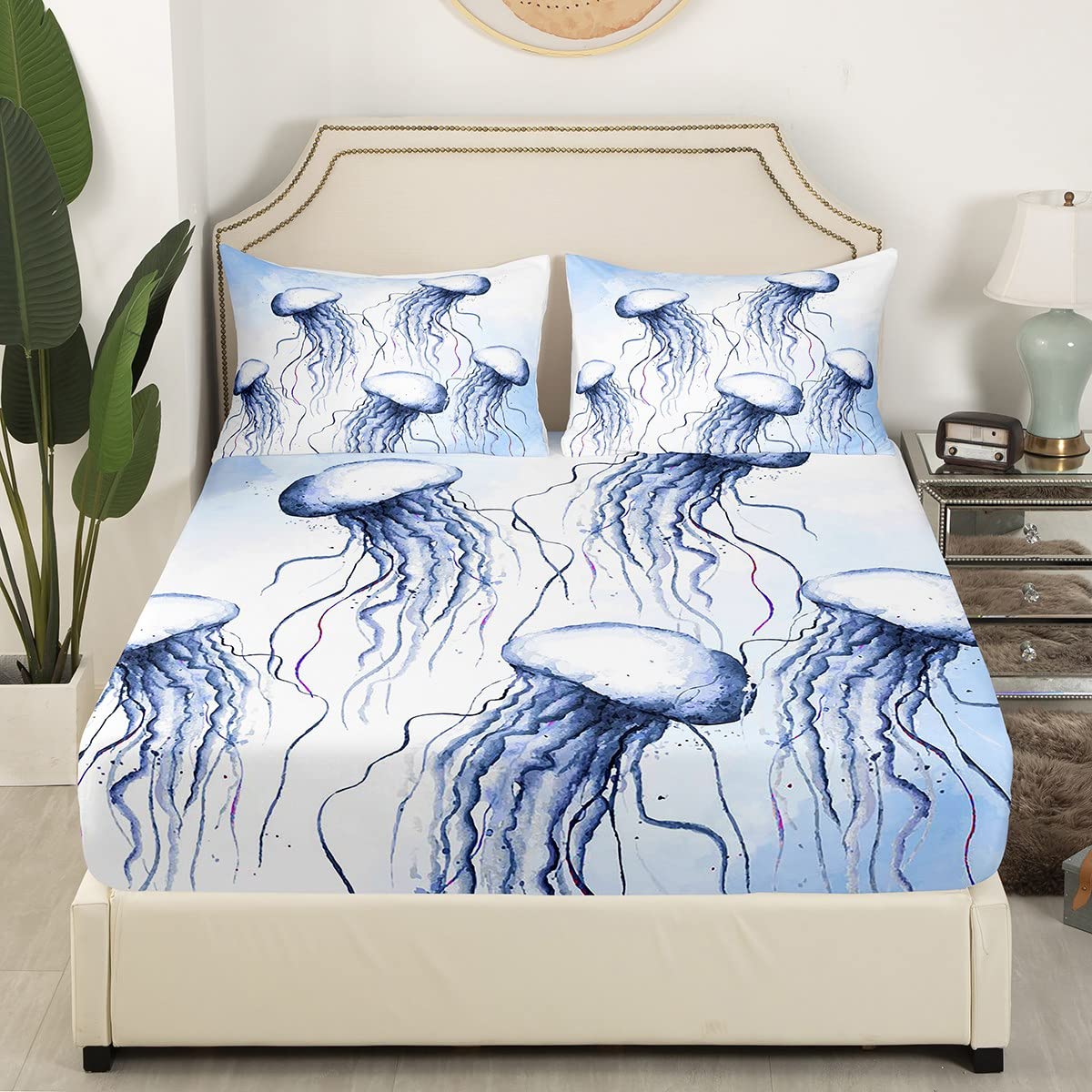 FittedSheet Queen,Ocean l BedSheets for Kids Boys Girls,H aii Beach BeddingSets Teens Cute Sea Animal BeddingDecorSet Aquarium Decor