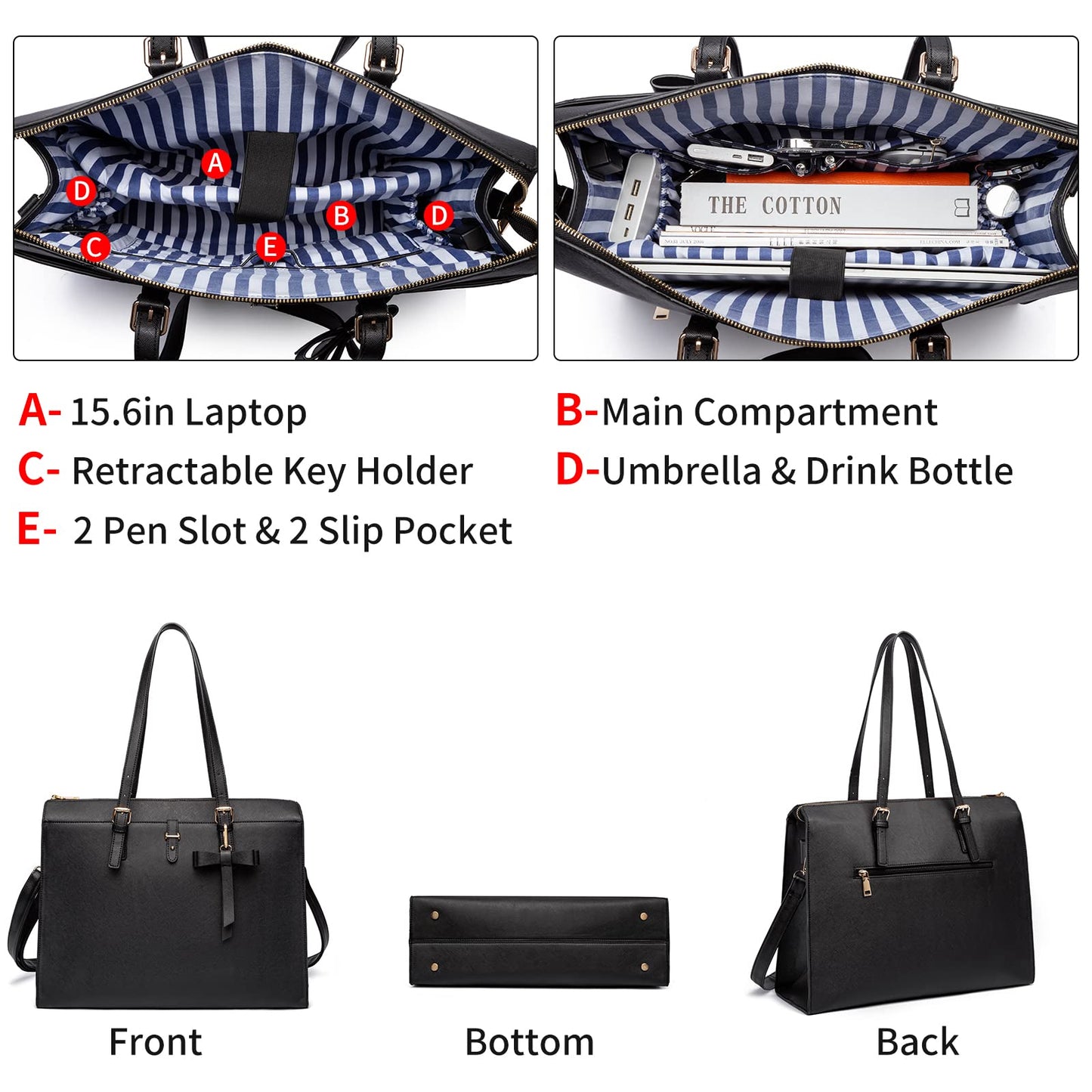 Laptop Tote Bag for Women Large Waterproof PU Leather Work Laptop Briefcase with Built-in USB Charging Port Computer Shoulder Bags Messenger Fits 15.6 Inch, Business Handbag Purse 4pcs Set Black