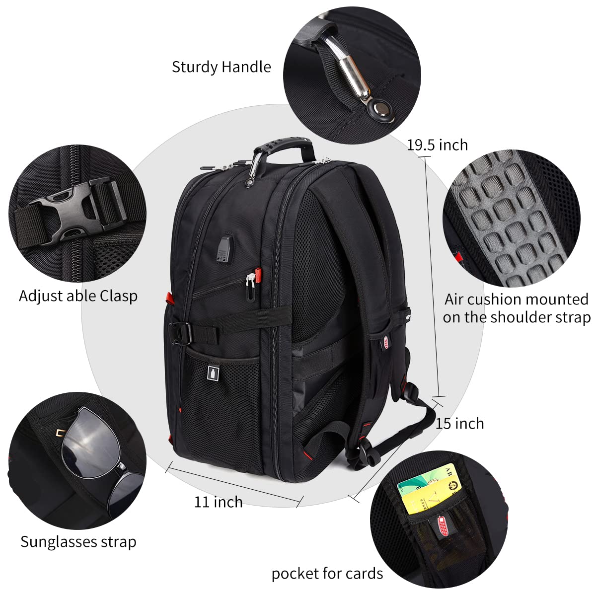 Extra Large 52L Travel Laptop Backpack with USB Charging Port Fit 17 Inch Laptops for Men Women (black)