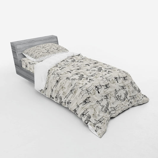 Airplane Bedding Set, Old Fashioned Transportation Hand Dr n Style Vintage Pattern, 3 Piece Duvet Cover Set with Sham and Fitted Sheet, Twin Size, Olive Green Tan Charcoal Grey
