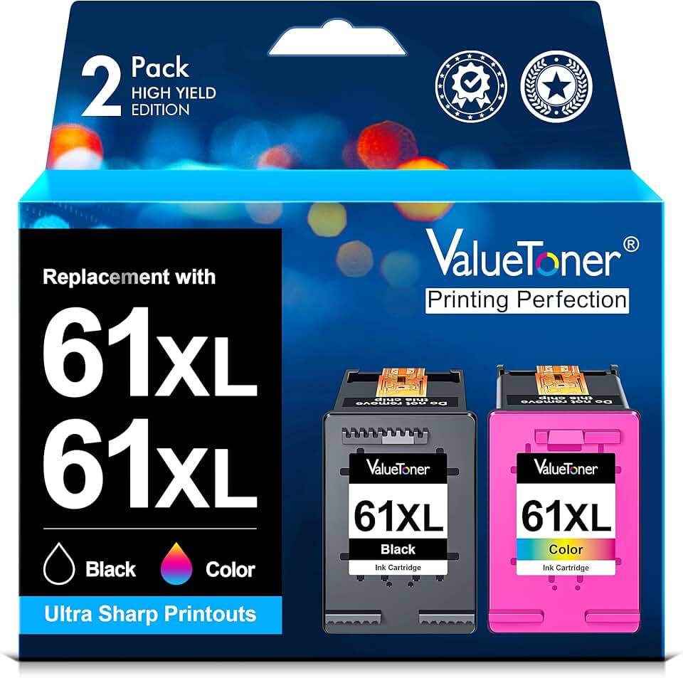 Black and color ink cartridges for HP printers, 2-pack